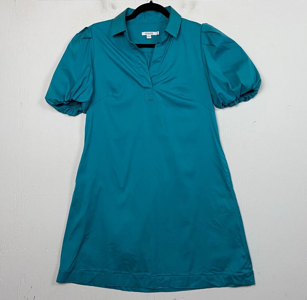 Chico’s Women's Blue Cotton Stretch Puff Sleeve Shift Shirt Dress Size XS